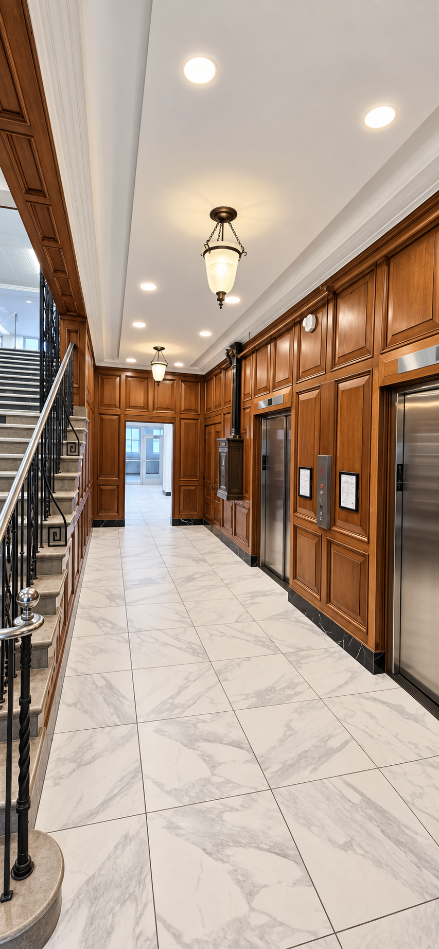 Restored wood elevator lobby at First Financial Bank