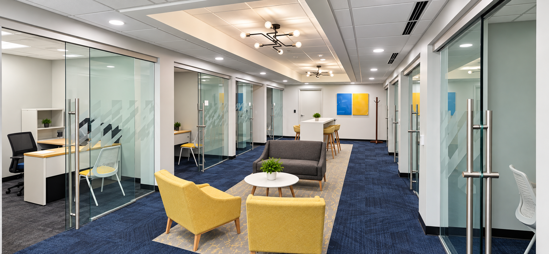 Glass-front offices and collaboration space at First Financial Bank