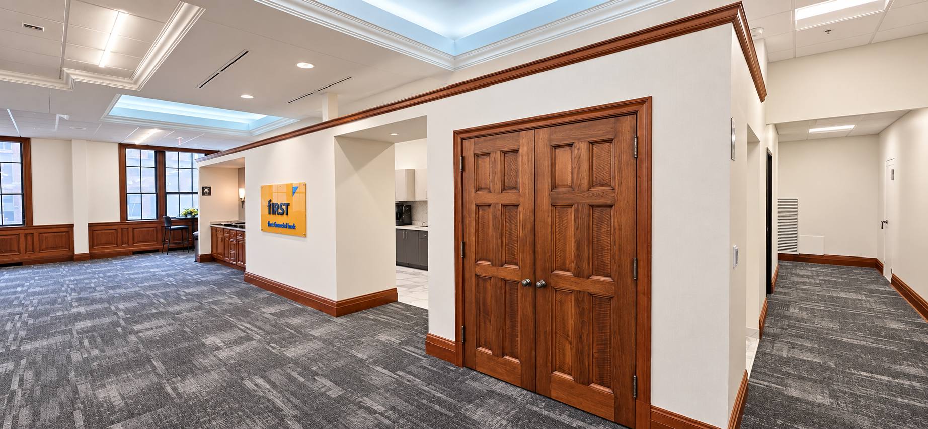 Historic wood doors and new finishes at First Financial Bank